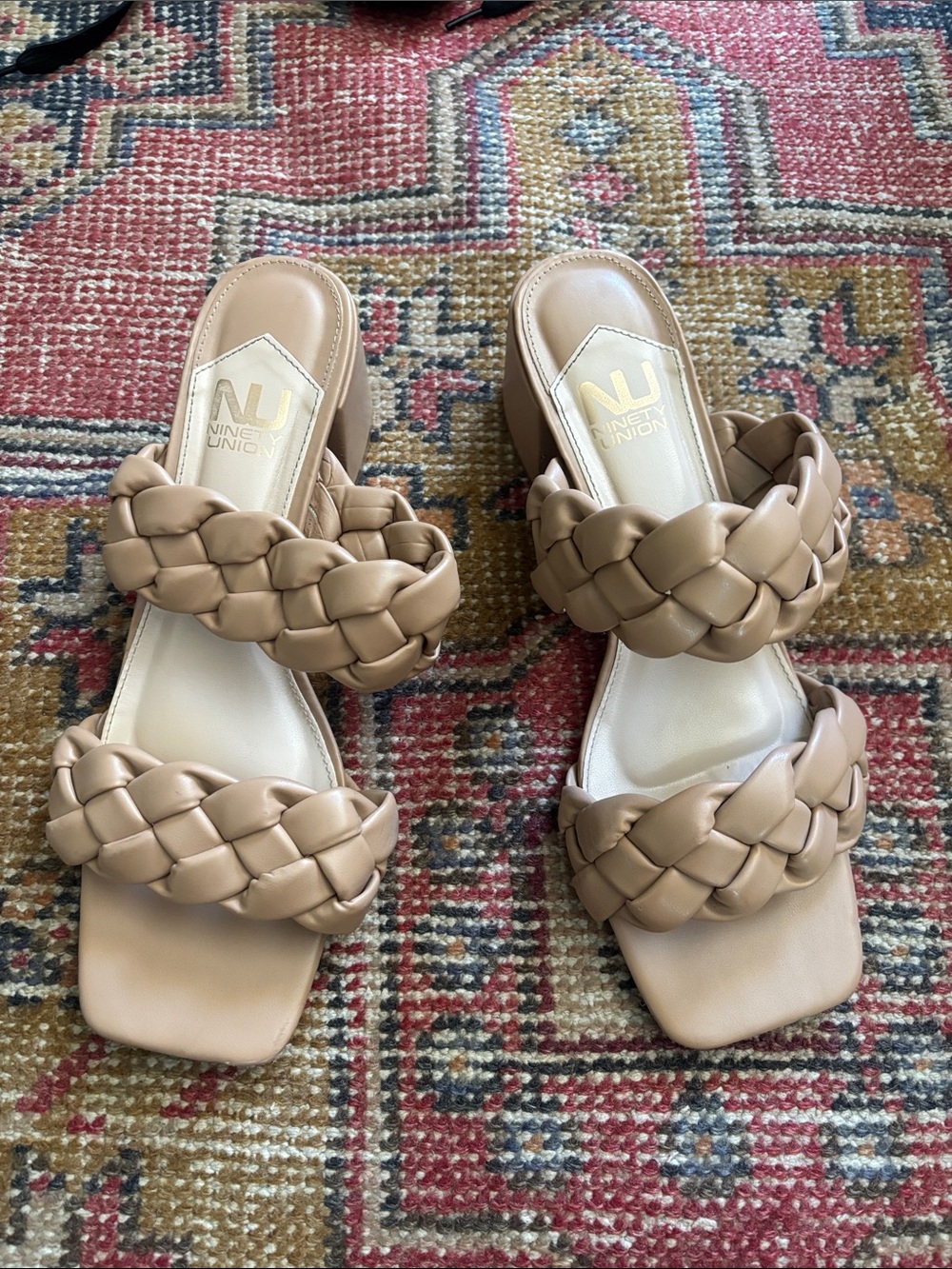 Braided Double-Strap Slide Heels in Tan by Ninety Union